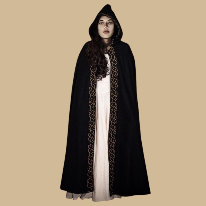 Embroidered black wool cape